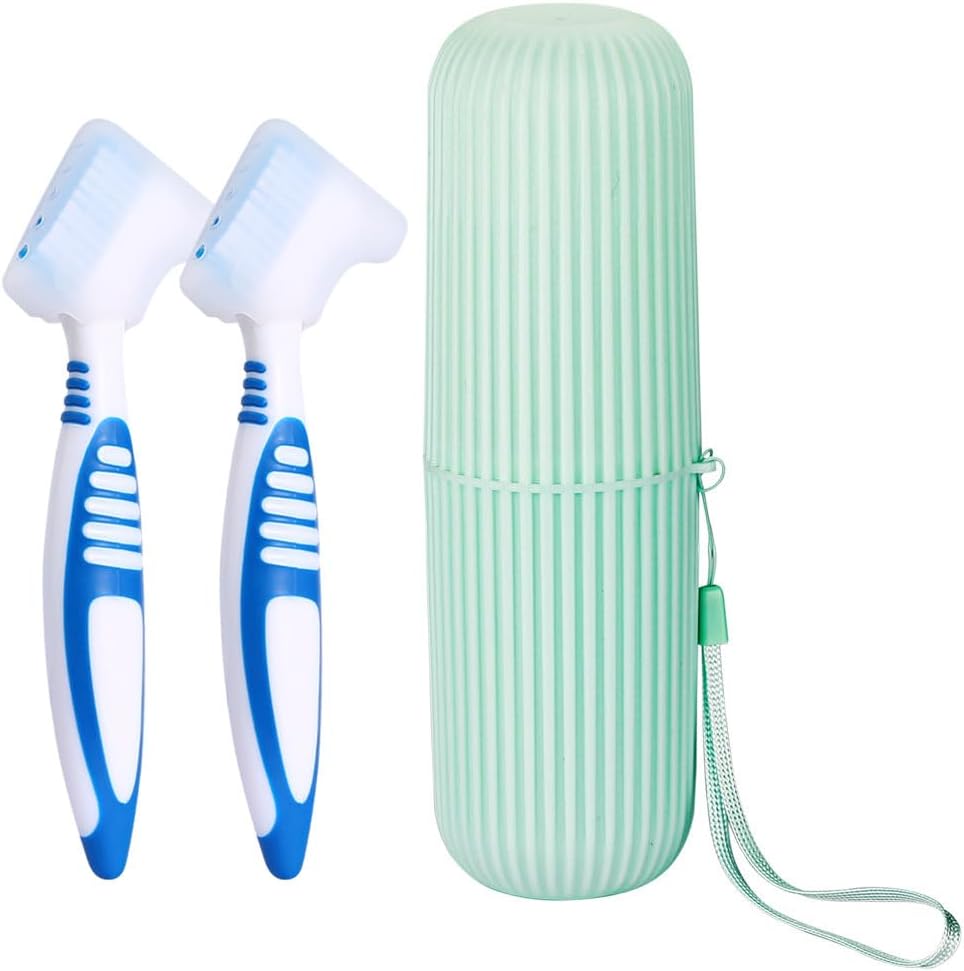 Anbbas 2pcs Double Bristle Head Denture Brush Dental Cleaning Brush with Covers and Portable Toothbrush Cup Holder, Properly Clean Oral Appliance