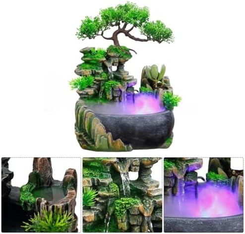 11-Inch Tabletop LED Waterfall Fountain with Atomizer – Quiet Resin Rockery Mist Humidifier for Bedroom, Office, Meditation or Gift Décor