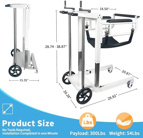 Portable Folding Patient Lift Transfer Chair for Home Use, Self-Operated Mobility Aid for Seniors, Bathroom Wheelchair with Adjustable Height, Alloy Steel, White, No Caregiver Needed