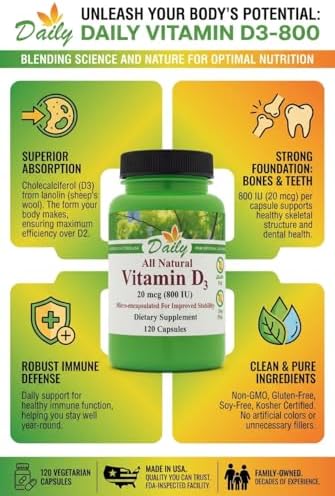 Daily Manufacturing Vitamin D3‑800 IU (20 mcg) – Non‑GMO, Gluten‑Free, Kosher, Vegetarian Capsules – Supports Bone, Immune & General Wellness – 120 Count