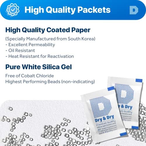 Dry & Dry 2 Gram [200 Packets] Silica Gel Packets Desiccants, Silica Packets - Rechargeable Moisture Absorbers for Food Storage, Electronics, 3D Filament & Safes