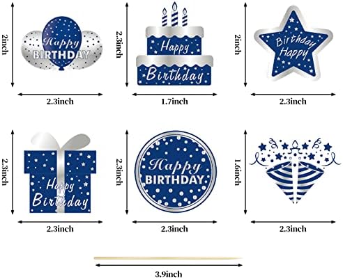 36Pcs Happy Birthday Cake Toppers Decorations for Men Boys, Blue Silver Cupcake Topper Decor for 10th 13th 16th 18th 21st 30th 40th 50th 60th Birthday Party Supplies