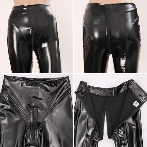 Women's Sexy Wetlook Shiny Synthetic Latex Slim Fit Leggings Stretchy Skinny Zipper Crotch Pencil Pants Trousers