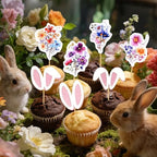 cnomg Bunny Ears Cupcake Toppers and Wildflower Cupcake Toppers-48 Pcs 2-in-1 Set: 24 Floral + 24 Easter Bunny Ears for Baby Shower, Party, Wedding, Easter Celebration