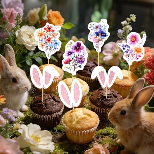 cnomg Bunny Ears Cupcake Toppers and Wildflower Cupcake Toppers-48 Pcs 2-in-1 Set: 24 Floral + 24 Easter Bunny Ears for Baby Shower, Party, Wedding, Easter Celebration