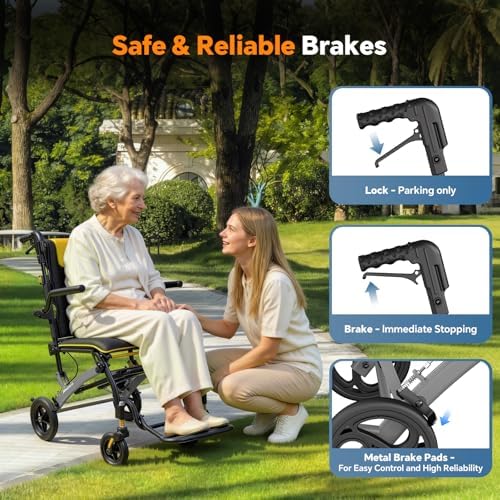Transport Wheelchairs for Adults Lightweight Foldable Transport Chair with Telescopic Handle, Portable Folding Travel Transfer Wheel Chairs for Seniors