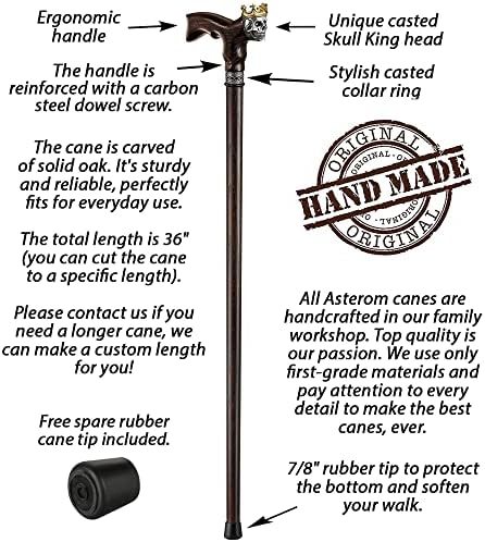 Asterom Handmade Wood Walking Cane for Men - Skull King - Cool Men's Wooden Canes Fashionable Walking Stick