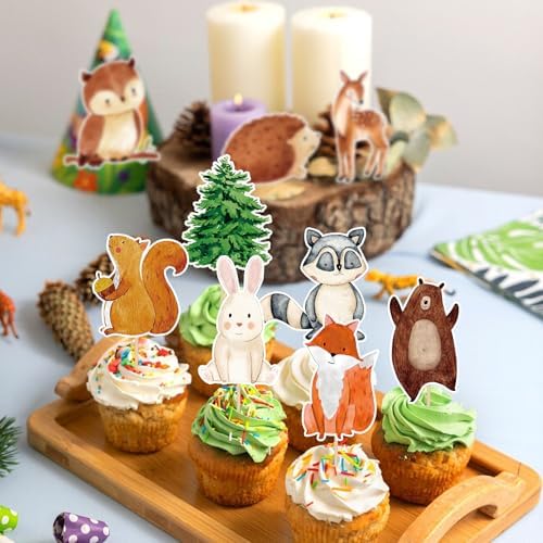45 Pcs Woodland Creatures Happy Birthday Cupcake Toppers - Woodland Animals Baby Shower Party Decorations, Woodland Animals Themed Cake Decorations for Party Supplies Decor Kids, Boys, Girls