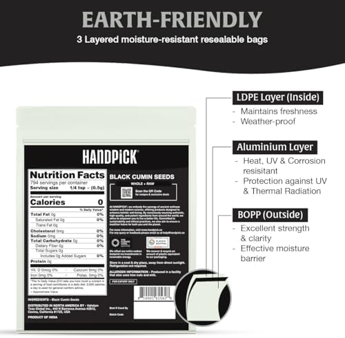 HANDPICK Black Cumin Seed (14oz) Pure Nigella Seeds - No Salt or Preservatives, Non GMO | Indian Black Whole Cumin | Gluten Free, Aromatic & Farm Fresh Kalonji | Resealable Zip Lock Pouch