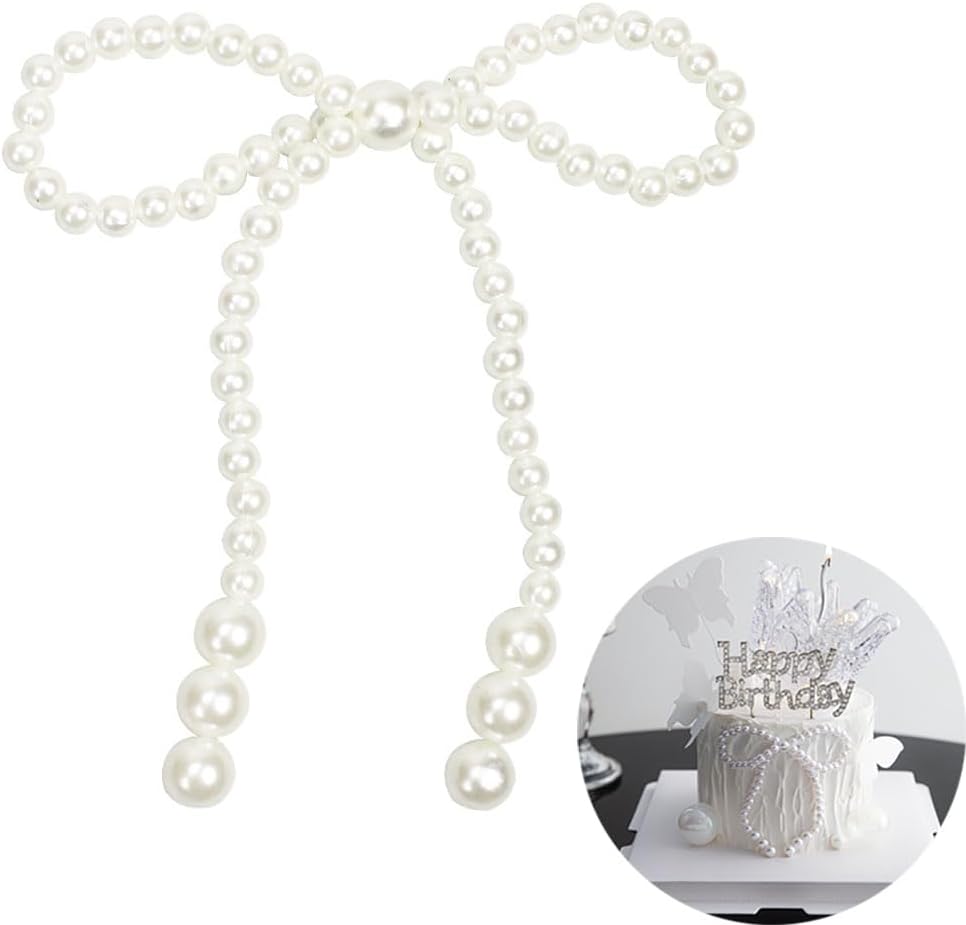 12 Pcs Faux Pearl Bow Cake Decorations Elegant Pearls Bow Knot Ornament Cupcake Toppers for Birthday Wedding Dance Ball Party Supplies DIY Accessories, White