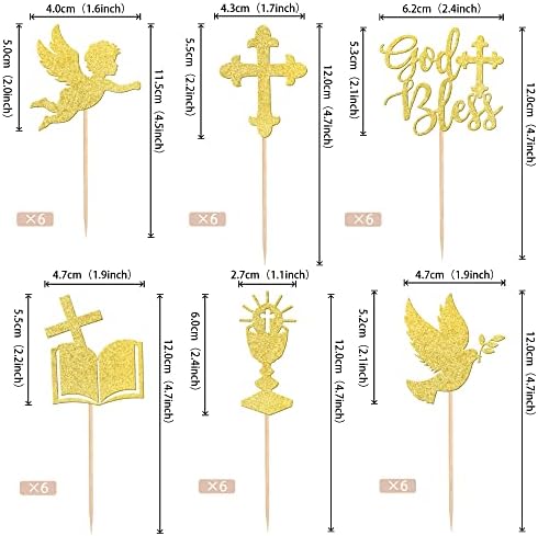 24 PCS God Bless Cupcake Toppers Glitter Dove Angel Chalice Bible Cross Cupcake Picks God Christian Baptism First Communion Theme Baby Shower Birthday Party Cake Decorations Supplies Gold