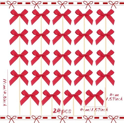24Pcs Red Bow Cupcake Toppers Coquette Bows Cupcake Picks for Birthday Wedding Party Decor Red Ribbon Bowknot Cupcake Decorations Bridal Baby Shower Party Supplies