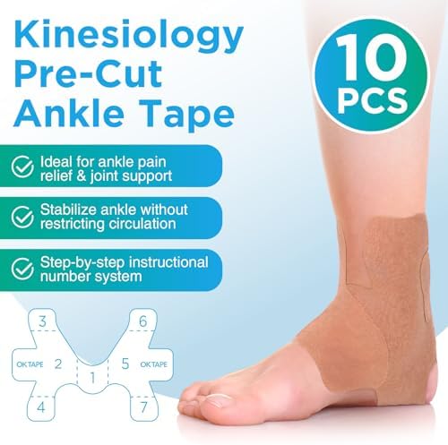 OK TAPE Precut Kinesiology Ankle Tape, 10 Pcs, Pain Relief, Prevent Ankle Sprain, Provide Support for Ankle Ligament, Elastic Athletic Tape, Breathable K Tape for daily use - Beige