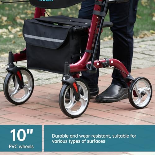 ELENKER Upright Rollator Walker, Stand Up Folding Rollator Walker Back Erect Rolling Mobility Walking Aid with Seat, Padded Armrests for Seniors and Adults, Red