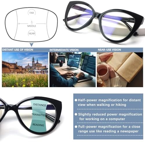 CLASAGA Progressive Multifocus Reading Glasses for Women Blue Light Blocking Spring Hinge Computer Multifocal Cat Eye Readers