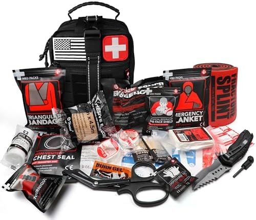 Survival First Aid Kit with Israeli Bandage, Chest Seal, Tourniquet, Splint, Tactical Military Combat Molle IFAK for Wound Care, Bleeding Control, Trauma Hemorrhage and More (Black)