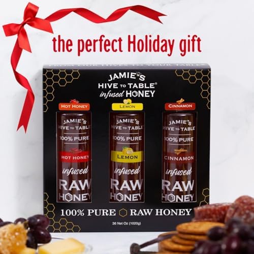 Jamie's Hive to Table Infused Honey Gift Set – Hot, Lemon, and Cinnamon Flavors, 36 Oz, Pack of 3 Squeeze Bottles – 100% Natural Raw Honey