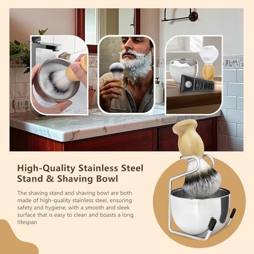 5 in 1 Shaving Kit, Shaving Brush Kit for Men,Set Include Synthetic Shave Brush, Stainless Lathering Bowl, Shave Brush Stand, Shaving Cream, Shave Manual, Best Gift for Bearded Man,Silvery Set