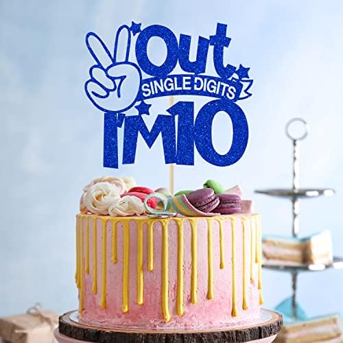 Blue Glitter Out Single Digits I'm 10 Cake Topper, Double Digits 10, for Boys Girls 10th Birthday Decorations, Happy 10th Bithday Decorations