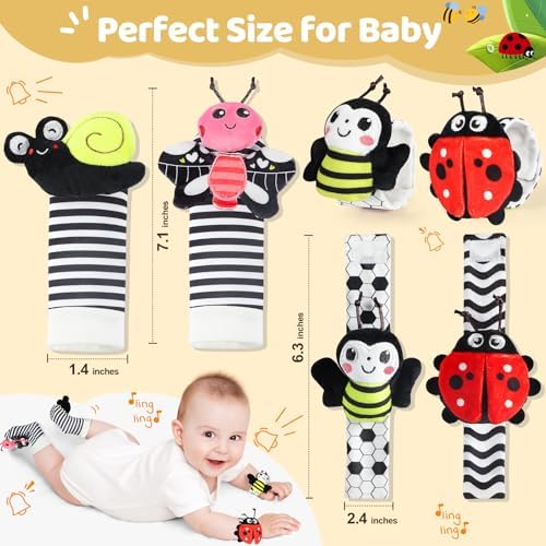 URMYWO Wrist Rattles for Baby - Rattle Socks - Foot Finder Set - High Contrast Black and White Baby Toys for 0-12 Months Infant - Newborn Essentials - Sensery Toys for Boys and Girls as Shower Gifts