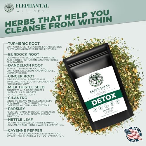 Elephantal Wellness Premium Detox Herbal Tea | Daily Liver, Kidney, Blood & Digestive Support with Turmeric, Nettle Tea, Milk Thistle, Dandelion Tea & Burdock | Handmade, Caffeine-Free Loose Leaf Blend | 2oz, 20 Servings