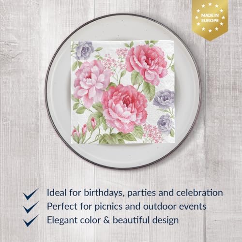 PAW - 100 Pack Floral Cocktail Napkins 5'' x 5'', Disposable Beverage Napkins with Pink Flowers Motive, Paper Towels for Wedding, Birthday, Bridal, Party, Decoupage, Decorative Supplies