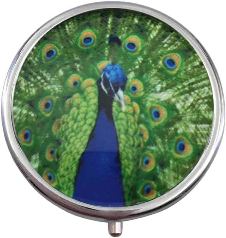 Peacock-Themed Personal Pill Organizer – Portable 3-Compartment Metal Mini Pill Storage Box for Vitamins & Medications