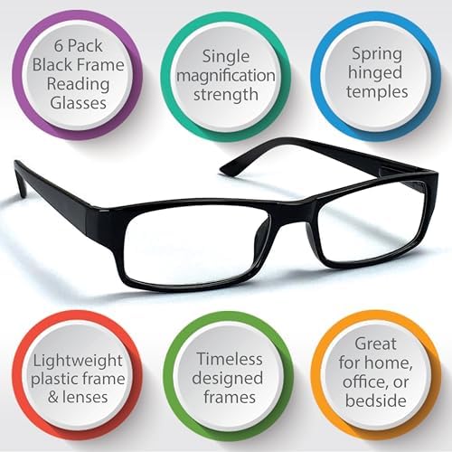 Boost Eyewear 6 Pack Reading Glasses – Classic Black Rectangular Frames with Spring Hinges – Comfortable Eye Glasses Readers for Women & Men (+2.00)