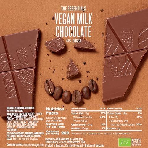 VGAN Vegan Chocolate Bars, Gluten Free Snacks, Plant Based, Soy and Dairy Free, Organic Ingredients, Cruelty Free, Kosher, and Non GMO, Milk Chocolate with Coffee Beans, 3 Pack