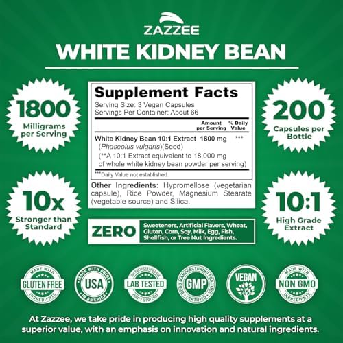 Zazzee White Kidney Bean 10:1 Extract, 1800 mg per Serving, 200 Vegan Capsules, 2+ Month Supply, Phaseolus Vulgaris, Digestive Support, 10X Strength, 100% Vegetarian, Non-GMO, Made in the USA