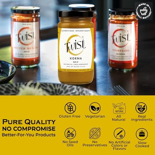 Twist Foods Korma Sauce | Mild Indian Korma Curry Sauce | Authentic Restaurant-Style Indian Simmer Sauce | Gluten-Free | No Preservatives or Artificial Flavors | Small Batches | 12.3 oz Jar