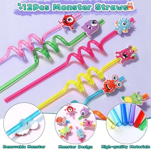 SNLN 98Pcs Monster Party Favors Birthday Supplies for Kids, Drinking Straw Keychain Slap Bracelet Glow Tattoo Sticker Cartoon Sticker, Goodie Bag Stuffer Filler Girls Boys Monster Party Supplies Decor