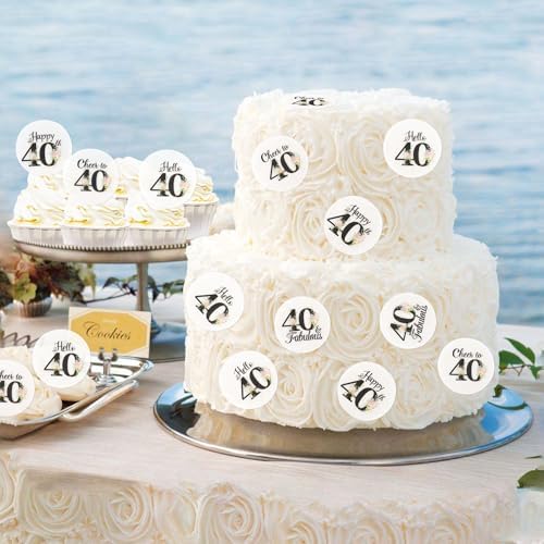40Pcs Edible Circle Happy 40th Birthday Cupcake Toppers Edible Floral Hello 40 Fabulous Cheers to 40 Cupcake Picks Drink Toppers for Funny Female Floral 40th Birthday Party Decorations