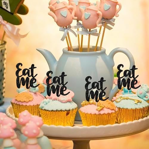 Rsstarxi 30 Pack Eat Me Cupcake Toppers Glitter Alice Cupcake Picks In Wonderland Decorations for Baby Shower Kids Birthday Party Cake Decorations Black