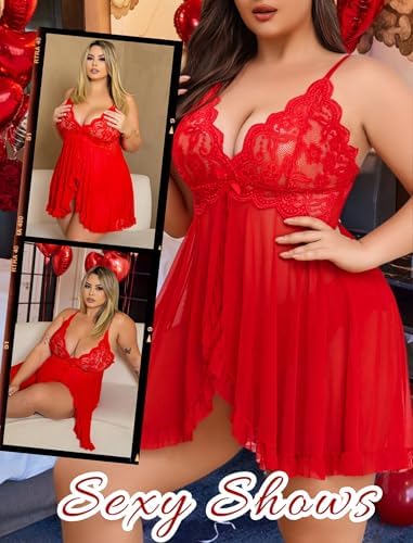 Avidlove Plus Size Lingerie for Women Sexy Lingerie Dress Lace Babydoll Lingerie V-Neck Open Front Strap Nightdress