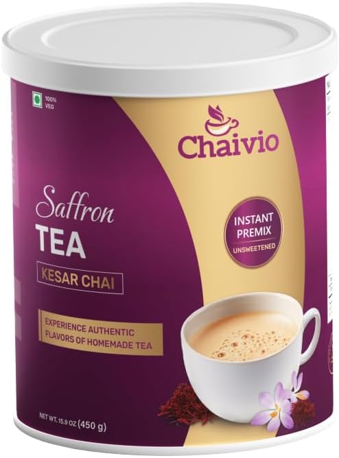Chaivio Saffron Chai Tea Latte, Unsweetened Instant Tea Powder, Authentic Chai with Natural Ingredients, No Preservatives, Exotic Chai Tea Powder, Quick and Healthy Tea (1 lb)