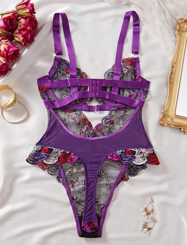 SEAUR Women's Sexy Lace Floral Embroidered Teddy Bodysuit Mesh Sheer One Piece Hollow Out Lingerie