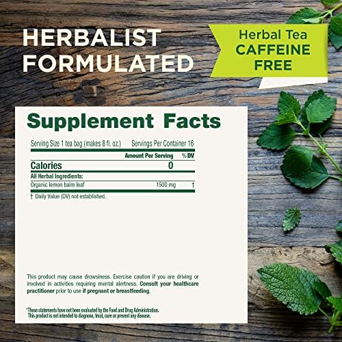 Traditional Medicinals Organic Lemon Balm Tea, Tea Bags | Herbal | Pack of 2 | 16 Count | Calming