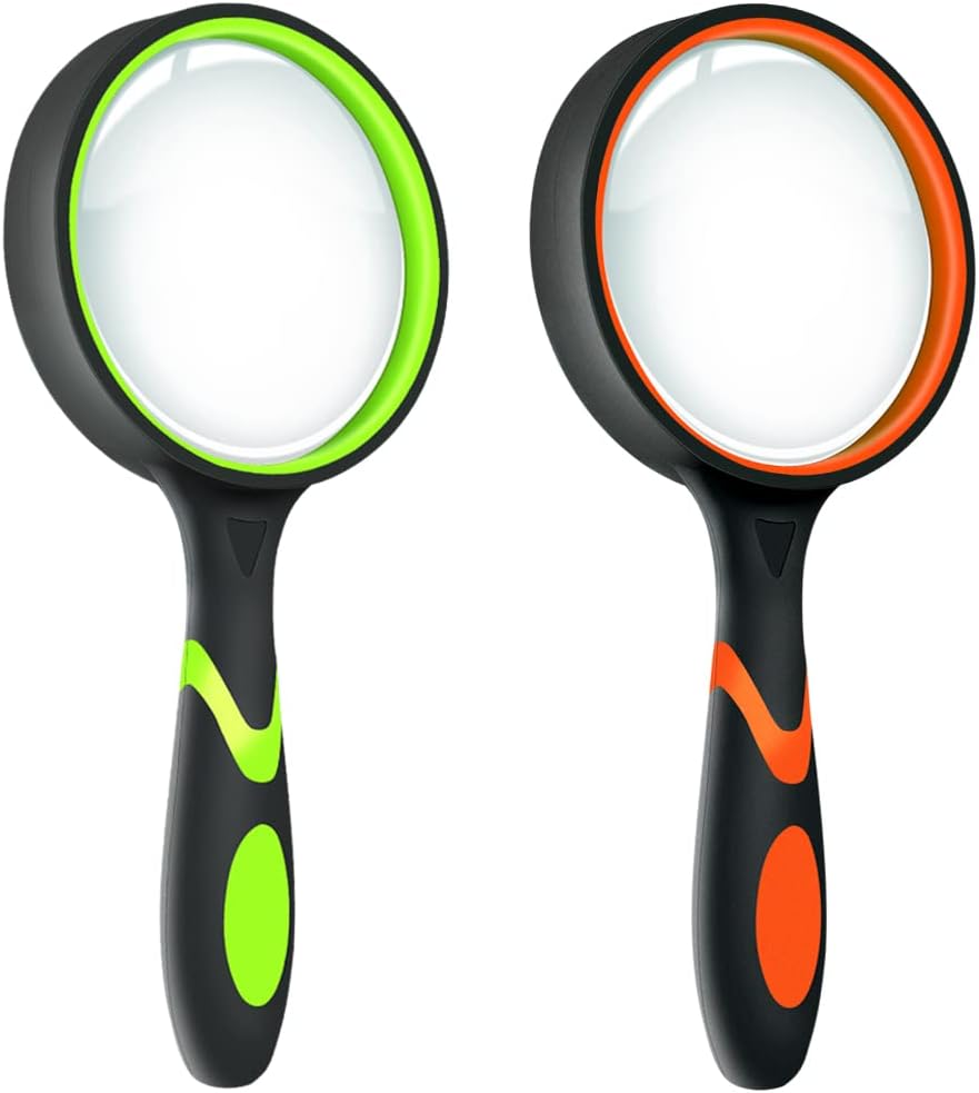 Leffis 2 Pack 10X Magnifying Glass for Seniors & Kids, Non-Slip Handheld Magnifier for Reading, 75mm Magnify Glasses Lens for Close Work, and Hobby Observation Green and Orange