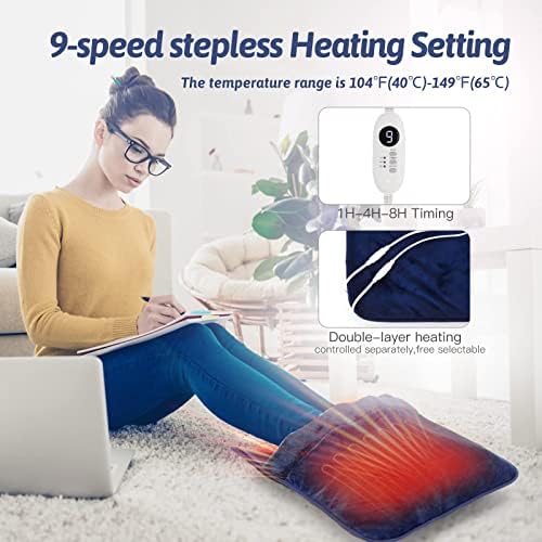 Double Sided Electric Foot Warmer with LCD Display & Machine Washable, Electric Feet Heating Pad with Non-Slip for Under Desk,Bed,Office,Home,Blue,20''*20''
