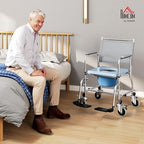 HOMCOM 3 in 1 Shower Commode Wheelchair with 4 Lockable Wheels, Bedside Commode Chair with Arms, Footrests, Detachable Bucket, for Senior & Handicap, 300lbs Capacity, Gray
