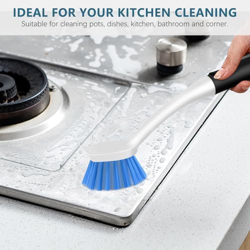 SetSail Dish Brush Set of 3 with Bottle Brush, Dish Scrub Brush with Long Handle Deep Cleaning Handle Brush with Scraper Tip for Kitchen Sink Dishes Bottle Cup Pot and Pans Tile Lines, Black Blue