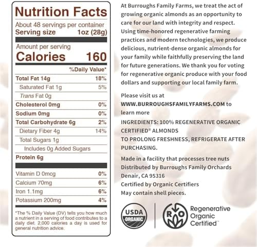 Burroughs Family Farms 3 lb USDA Organic Raw Almonds – First Regenerative Organic Certified Farm – Gluten-Free, Non-GMO, Vegan, Paleo & Keto-Friendly Almond Nuts – High in Protein & Nutrients Versus Other Nuts, Great for Almond Milk