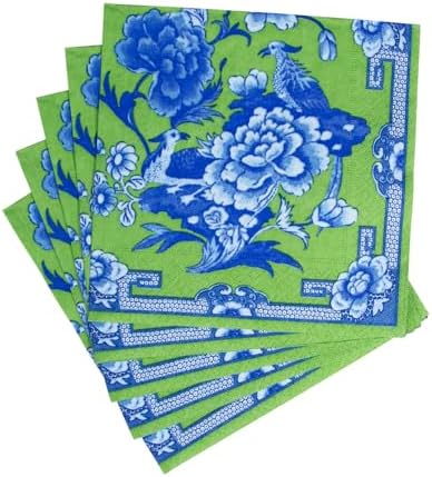Caspari Green And Blue Plate Luncheon Napkins - 20 Per Package