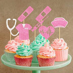 24Pcs Glitter Pink Nurse Doctor Cupcake Toppers Pink Electrocardiogram Cupcake Picks for Female Doctor's Nurse's Day Party Female Medical RN Graduation Nurse Retirement Party Decoraions