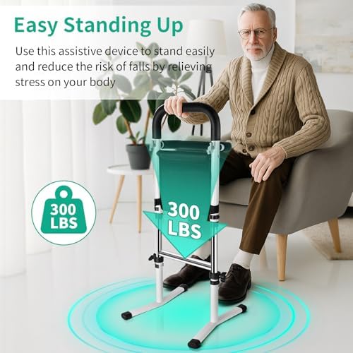 Stand Assist Aid for Elderly - Mobility Aid for Seniors with 5-Level Height Adjustment, 300Lbs Capacity & Dual Handrails for Safe Toilet and Couch Use, Includes Storage Pouch for Convenience