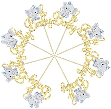 Gyufise 24Pcs Blue Elephant Oh Baby Cupcake Toppers Gold Glitter It's a Boy Cupcake Picks Gender Reveal Cake Decorations for Elephant Theme Baby Shower Kids Boys Birthday Party Cake Decorations