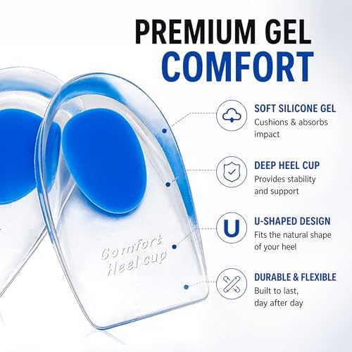 Gel Heel Cups for Heel Pain Relief – Shock Absorbing Silicone Inserts for Plantar Fasciitis & Achilles Tendonitis – Cushioned Heel Support Pads for All-Day Standing (4 Pairs-Medium)