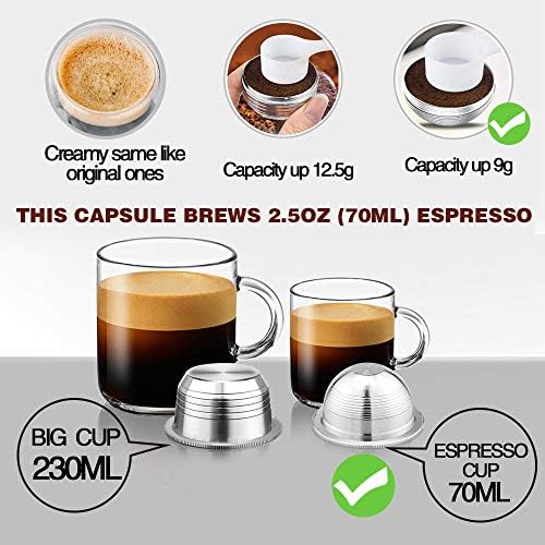CAPMESSO Stainless Steel Reusable Coffee Capsule: Metal Refillable Coffee Pod Brewing Espresso - Compatible with Nespresso Vertuoline GCA1/ENV135/ENV150/BNV420 (2.4OZ-Double Espresso Cup(Small)