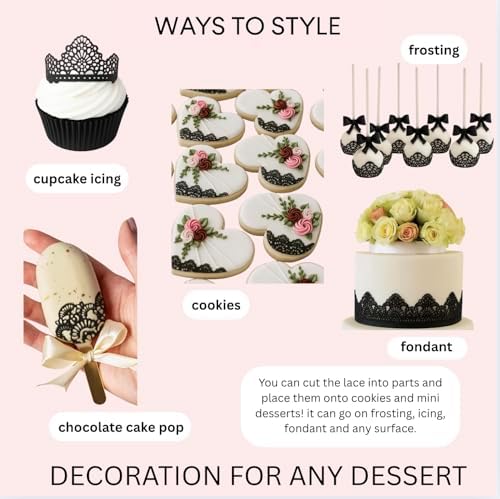 x3 Black Honeycomb Edible Sugar Cake Lace Strips - Ready to Use Handcrafted Decoration with 3D Effect.